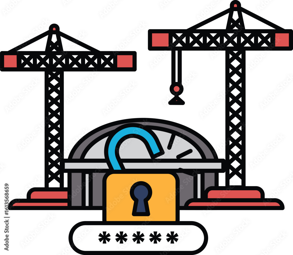Poster a drawing of a building with a lock on it and a crane in the background