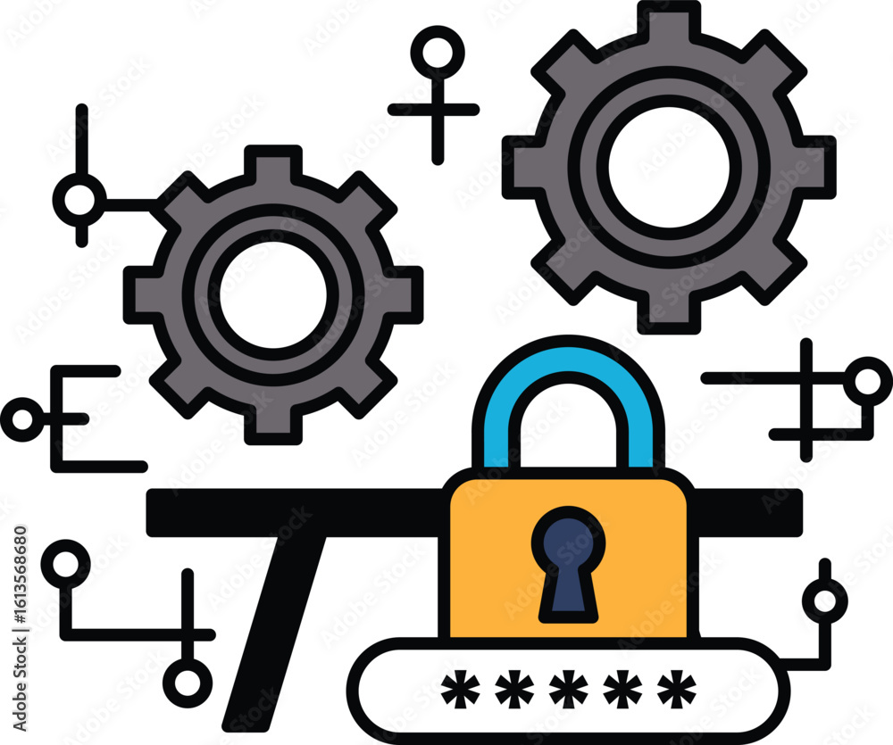 Poster a drawing of a lock and a key with a series of gears surrounding it