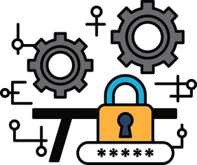 A drawing of a lock and a key with a series of gears surrounding it
