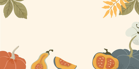  A warm and inviting horizontal background featuring various pumpkins and colorful autumn leaves, perfect for fall-themed designs, invitations, social media, or seasonal promotions.