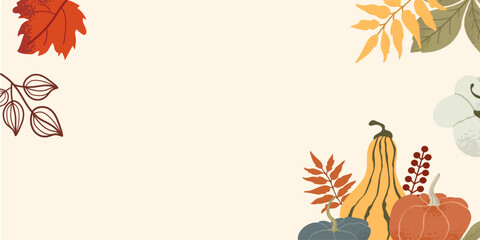  A warm and inviting horizontal background featuring various pumpkins and colorful autumn leaves, perfect for fall-themed designs, invitations, social media, or seasonal promotions.