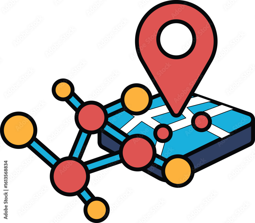 Poster a red and blue map with a red dot on it