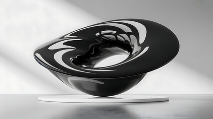 Abstract black sculpture with swirling white accents on a pedestal