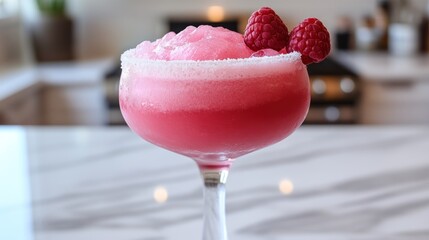 Pink cocktail with raspberries in stemmed glass