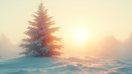 Snowy evergreen tree in sunrise foggy forest