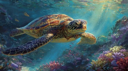 Fototapeta premium Underwater sea turtle in vibrant coral reef