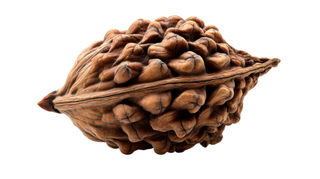 Unique brown seed pod with textured surface and transparent background