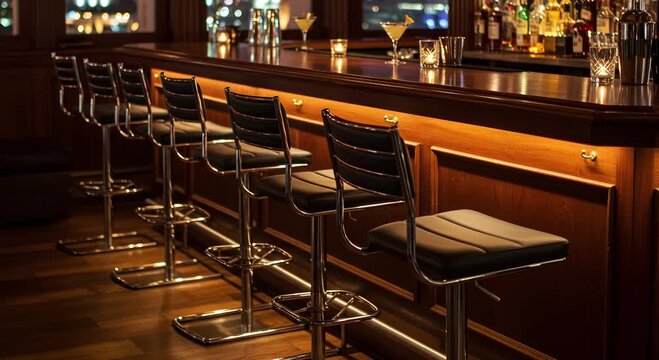 Empty bar chairs prepared to receive customers