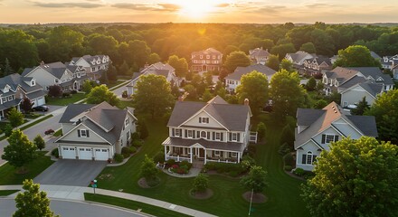 A perfect neighbourhood. Houses in suburb at Summer in the north America. Luxury houses with nice landscape.