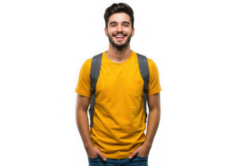 Smiling man with backpack and yellow shirt on transparent background