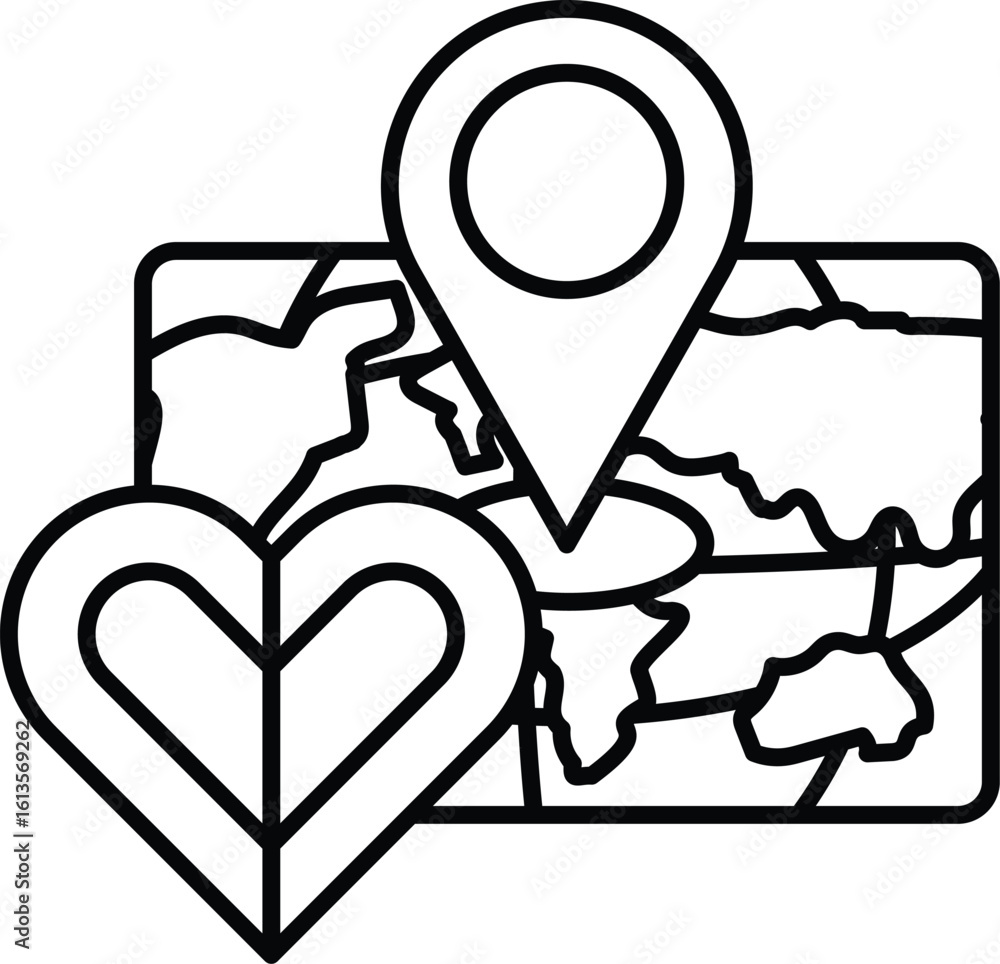 Poster a map with a heart and a pin on it