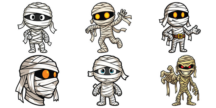 Cartoon mummies with vibrant eyes, halloween zombie vector illustration