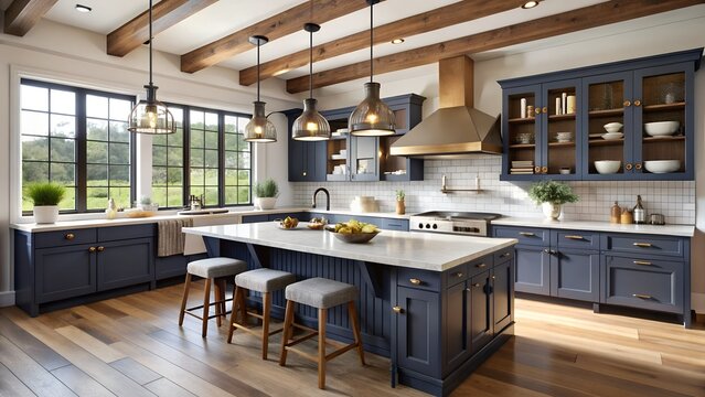 Photo of a spacious modern farmhouse kitchen with navy blue cabinets, a large island, and abundant natural light from large windows