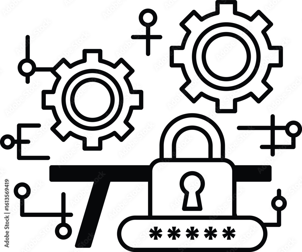 Poster a black and white image of a lock with a key and a series of gears