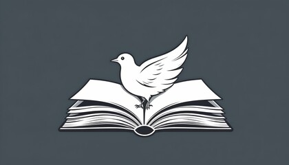Creative illustration of a white dove with outstretched wings standing on an open book against a dark gray background, symbolizing peace, knowledge, and freedom
