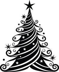 Artistic Christmas Tree Illustration Black & White Holiday Vector with Swirling Ornaments, Stars & Decorative Elegance