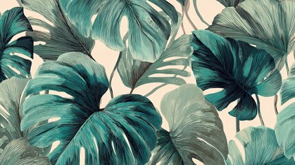 Rich green palm tree foliage and tropical leaves form a sophisticated pattern that evokes a luxurious, exotic paradise, ideal for upscale, nature themed designs.