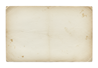 Aged vintage blank paper with intricate texture, discolored sepia tones, authentic stains, worn edges, isolated on a transparent background, top-down, clean studio aesthetic, concept of historical