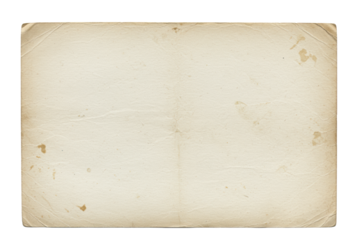 Aged vintage blank paper with intricate texture, discolored sepia tones, authentic stains, worn edges, isolated on a transparent background, top-down, clean studio aesthetic, concept of historical