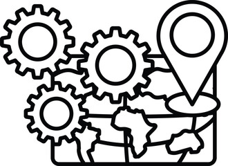 A map of the world with a black and white outline of gears