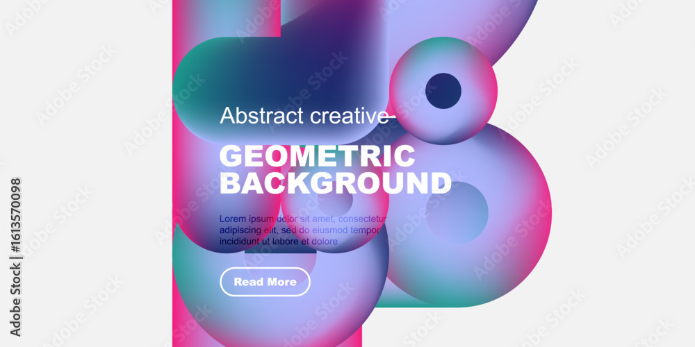 Poster vibrant abstract shapes overlap, creating dynamic geometric background. text promotes further explor