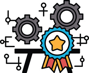 A graphic of a star and a gear with a blue ribbon