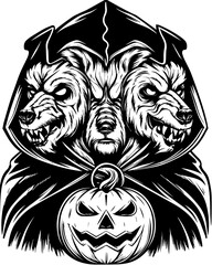 SVG of a Halloween animal monster in a fun and spooky tattoo style. Mysterious Hooded Figure with Three Wolf Heads and Pumpkin