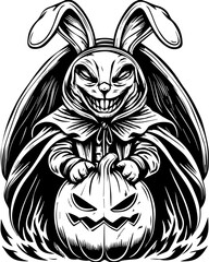 SVG of a Halloween animal monster in a fun and spooky tattoo style. Spooky Rabbit Character for Halloween with Pumpkin Scary Expression
