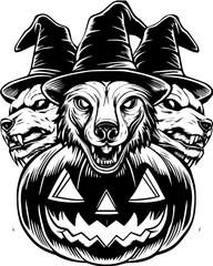 SVG of a Halloween animal monster in a fun and spooky tattoo style. Three-Wolf Heads with Halloween Pumpkin and Witch Hats Design