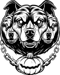 SVG of a Halloween animal monster in a fun and spooky tattoo style. Three-Headed Dog with Pumpkin Necklace in Bold Monochrome Design