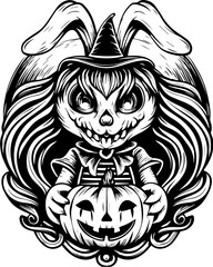 SVG of a Halloween animal monster in a fun and spooky tattoo style. Spooky Bunny with Pumpkin and Witch Hat for Halloween Celebration