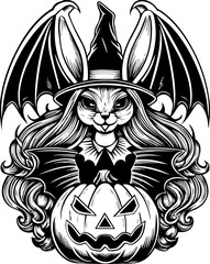 SVG of a Halloween animal monster in a fun and spooky tattoo style. Enigmatic Halloween Bunny with Witch Hat and Pumpkin Design