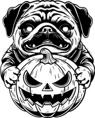 SVG of a Halloween animal monster in a fun and spooky tattoo style. Cute Pug with Pumpkin Illustration for Halloween Celebration