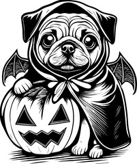 SVG of a Halloween animal monster in a fun and spooky tattoo style. Adorable Bat-Dog in Cloak Sitting Next to Halloween Pumpkin