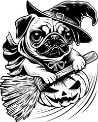 SVG of a Halloween animal monster in a fun and spooky tattoo style. Cute Pug Dog in Witch Hat Riding Broomstick with Pumpkin for Halloween