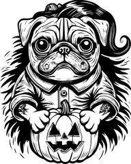 SVG of a Halloween animal monster in a fun and spooky tattoo style. Cute Pug with Pumpkin Design for Halloween Celebration Artwork