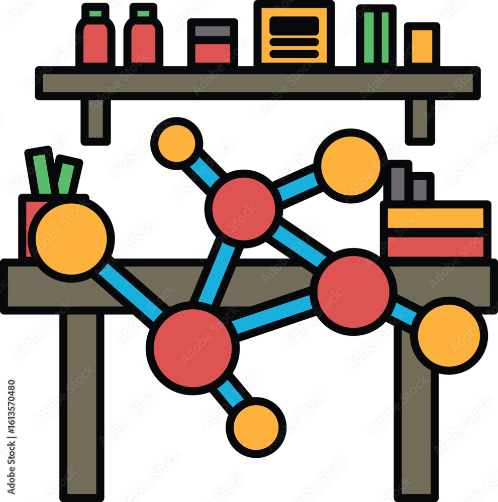 Poster a drawing of a table with a bunch of books and a bottle of something on it