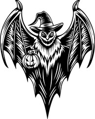 SVG of a Halloween animal monster in a fun and spooky tattoo style. Creepy Bat Character with Pumpkin and Witch Hat for Spooky Events