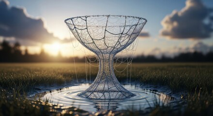 Abstract Wireframe Chalice in a Field at Sunset