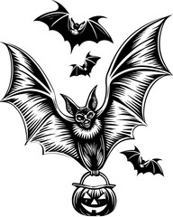 SVG of a Halloween animal monster in a fun and spooky tattoo style. Spooky Bat Flying Over Pumpkin with Halloween Theme Design