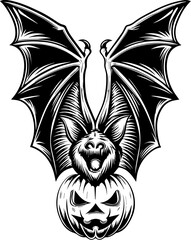 SVG of a Halloween animal monster in a fun and spooky tattoo style. Spooky Bat Illustration with Pumpkin for Halloween Theme Art