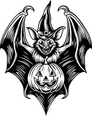 SVG of a Halloween animal monster in a fun and spooky tattoo style. Spooky Halloween Bat with Pumpkin and Witch Hat Illustration