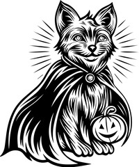 SVG of a Halloween animal monster in a fun and spooky tattoo style. Cute Cartoon Cat in Cape Holding Halloween Pumpkin Lantern