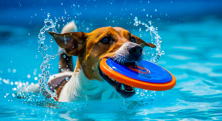 Happy dog with a frisbee in its mouth splashing in a swimming pool