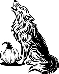 SVG of a Halloween animal monster in a fun and spooky tattoo style. Howling Wolf with a Pumpkin, Halloween Theme Design for Greeting Cards