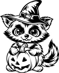 SVG of a Halloween animal monster in a fun and spooky tattoo style. Cute Pup with Pumpkin and Witch Hat for Halloween Celebration