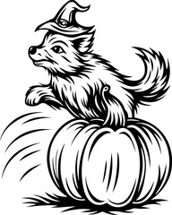 SVG of a Halloween animal monster in a fun and spooky tattoo style. Cute Pup in a Witch Hat Sitting on a Pumpkin for Halloween Decor
