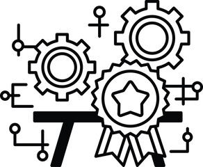 A black and white drawing of gears and stars