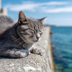 A gray tabby cat is sunbathing by the sea.