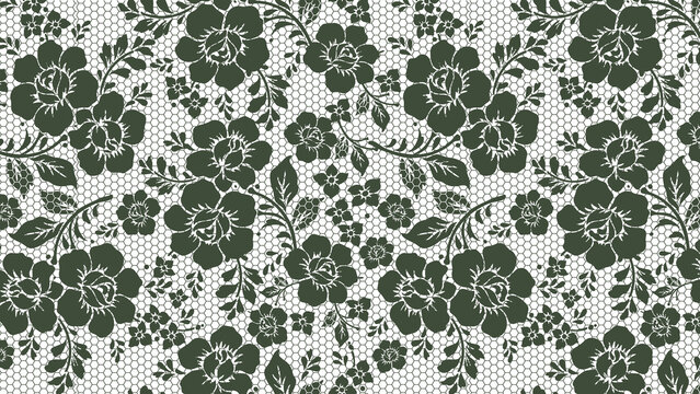 Dark floral pattern with lace background featuring roses and small flowers arranged all over design